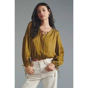 By Anthropologie Satin Lace-Up V-Neck Blouse Moss M Balloon Sleeve Boho Modern